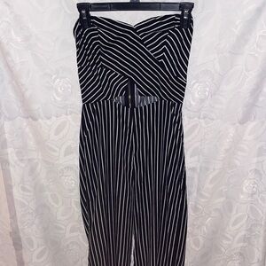 A’GACI: Striped Strapless Black Jumpsuit